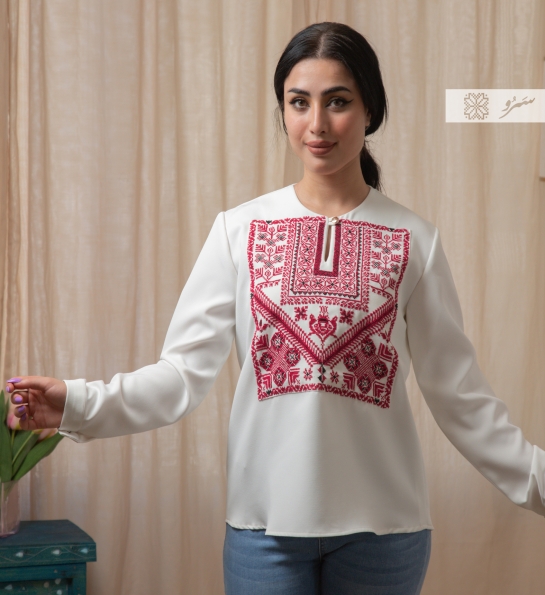 Saru basic collection, Ramallah hand-embroidered off-white blouse