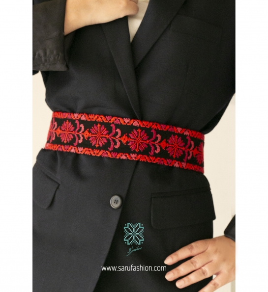 Royal waist black and red belt with flower pot motif
